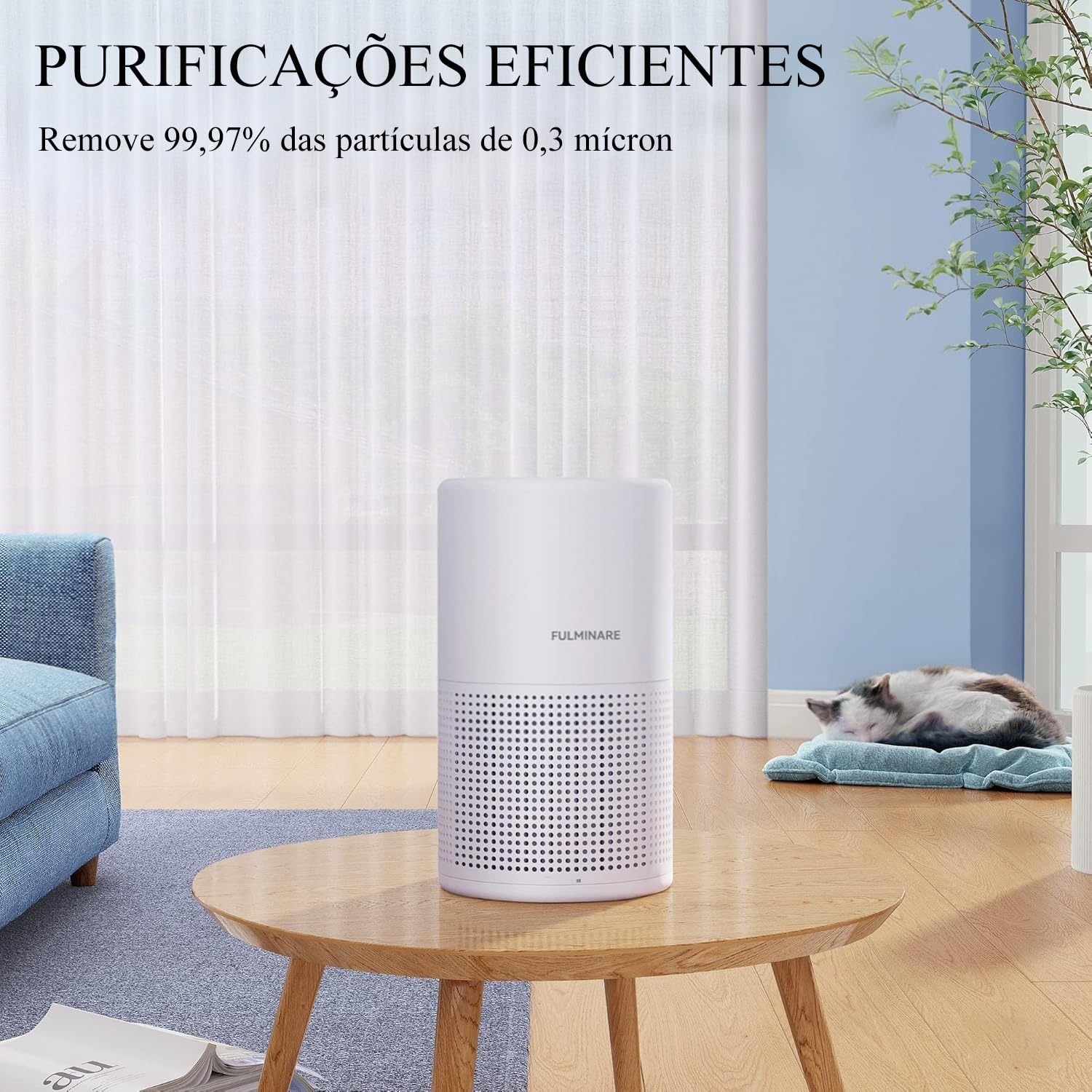 BrisaHush 360™ em sala minimalista com pet ao fundo